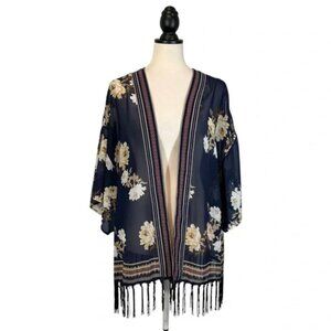 Chico’s Fringe Kimono Duster Blue Floral Sheer Open Front, Size 2 (US Size L)